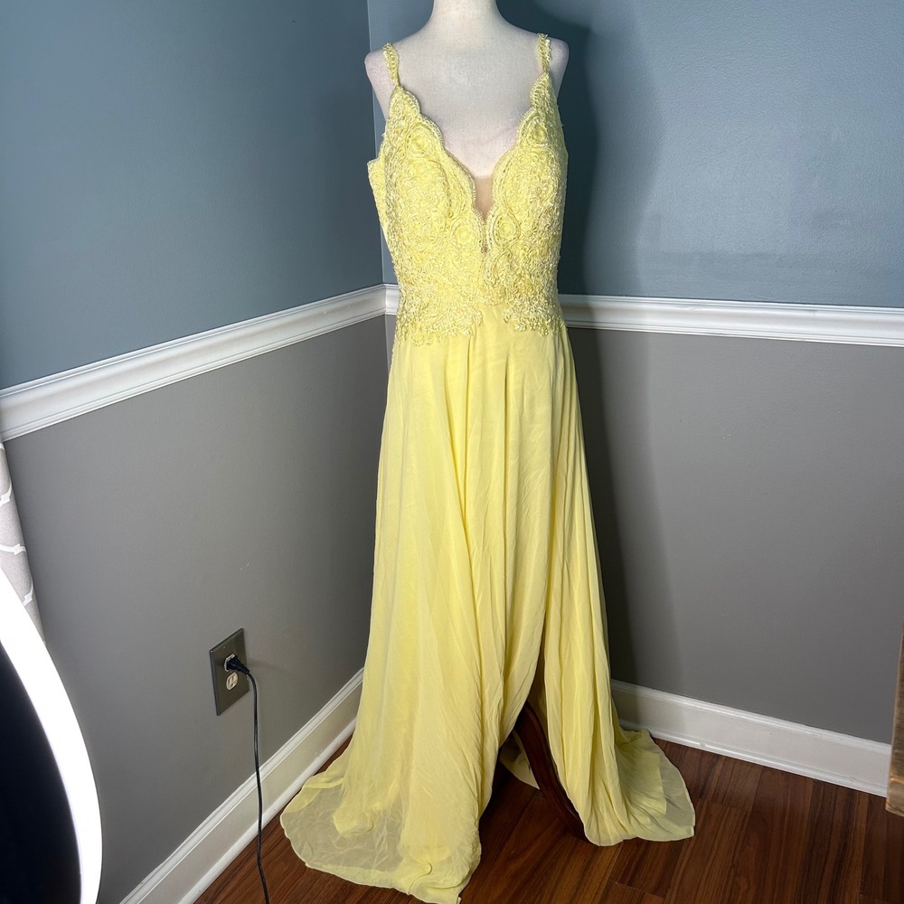 Fiesta Fashion Yellow Lace Bodice Chiffon Evening Gown Prom Dress 2XL